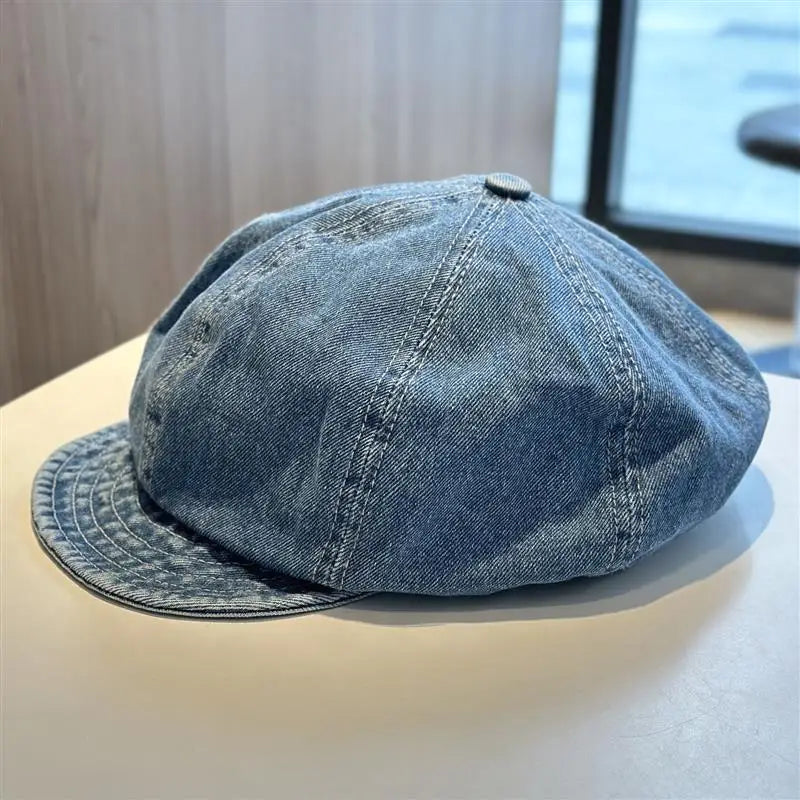 Lady Washed Old Blue Denim Large Beret Spring Autumn
