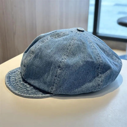 Lady Washed Old Blue Denim Large Beret Spring Autumn