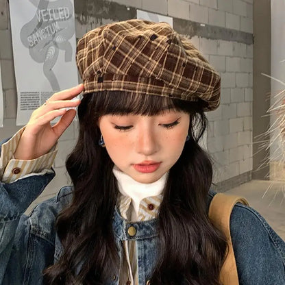 Hot Sale Retro Contrasting Color Plaid Berets For Women