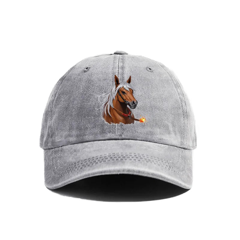Vintage Washed Baseball Cap with Fantasy Horse & Letter Graphic Print