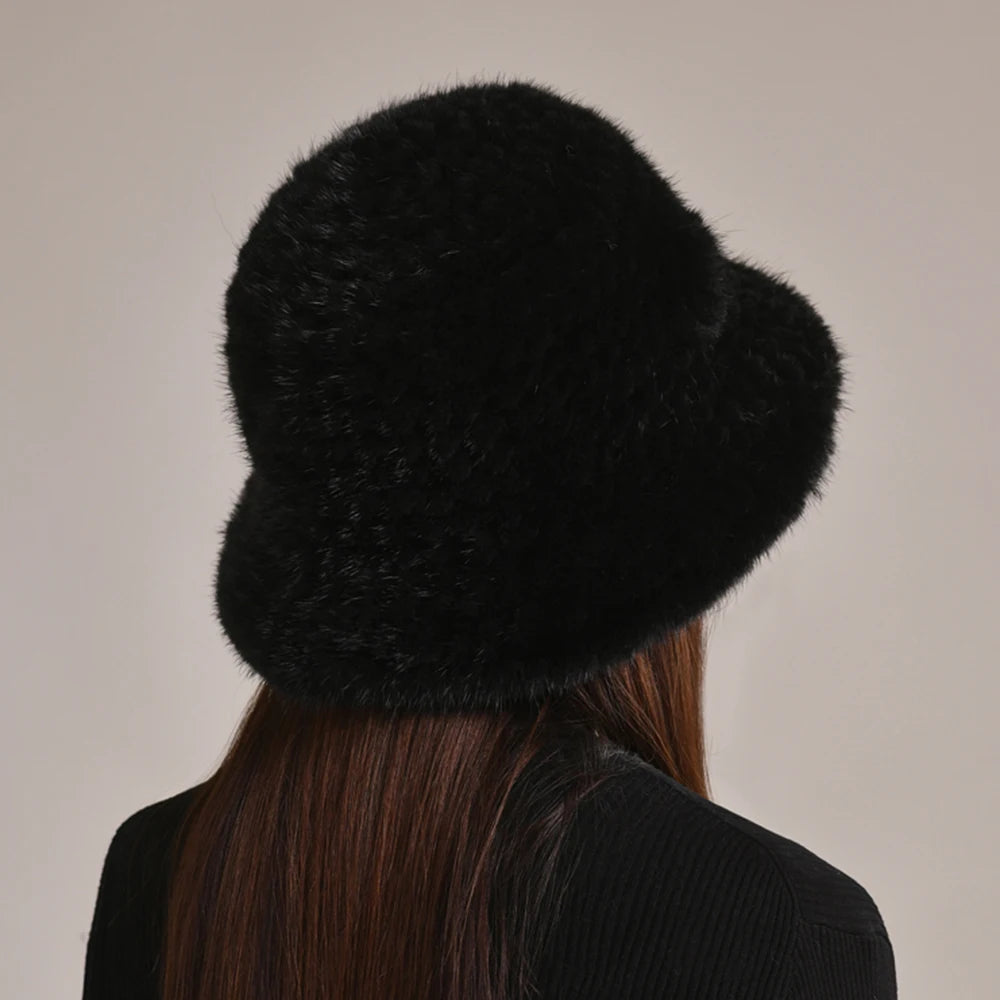 Woman Hat Winter Solid Mink Caps With Flower Natural Mink Fur Hats