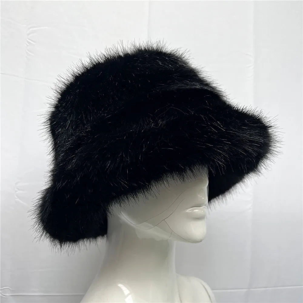 New Luxury Warm Faux Fur Bucket Hats Women