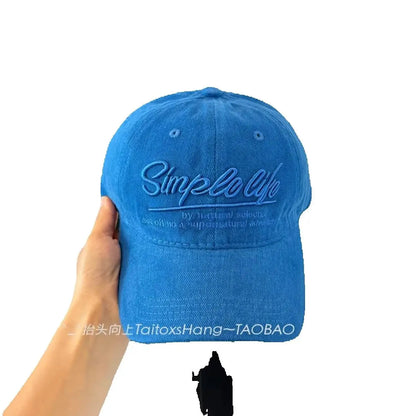 Retro Blue Embroidered Letter Wide Brim Baseball Cap Korean Style Sunshade Outdoor Sports Circumference Hat