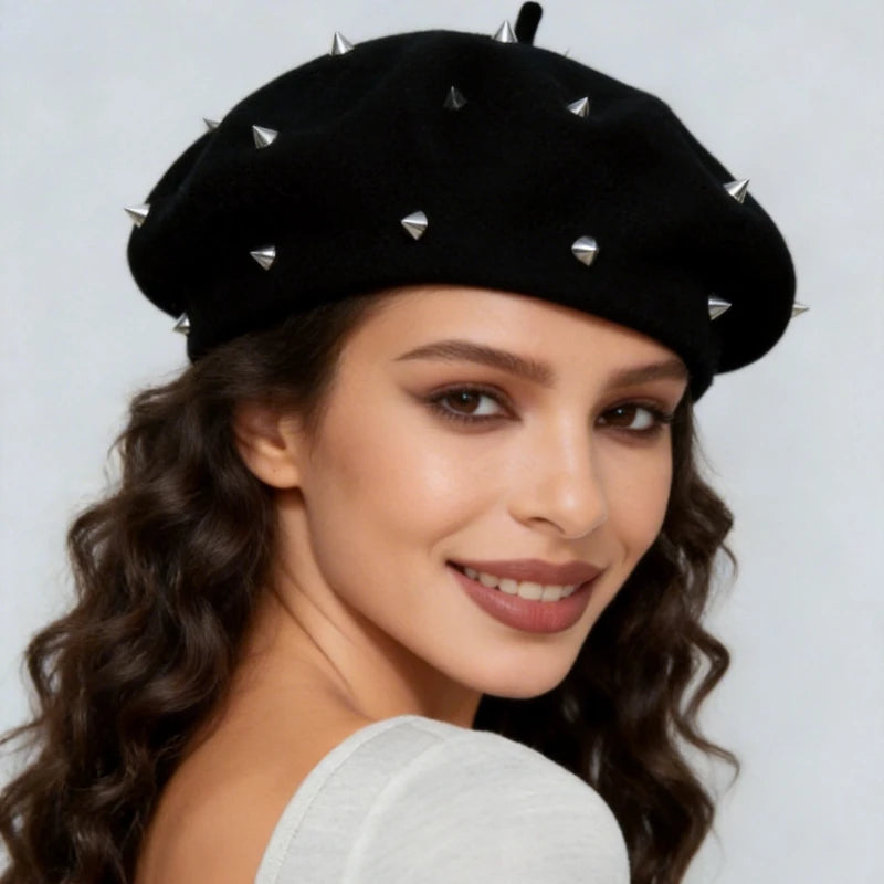 Punk Style Round Hollow Rivet Beret For Women