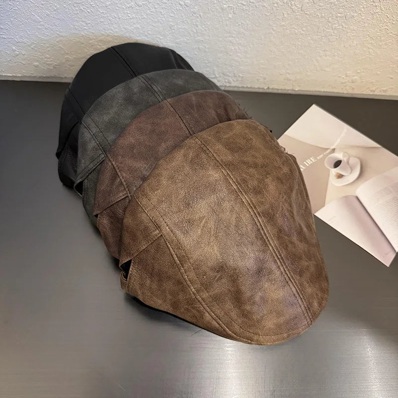 American Retro Leather Plain Baker Boy Hat For Women Autumn Winter Unisex Beret
