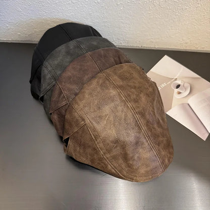 American Retro Leather Plain Baker Boy Hat For Women Autumn Winter Unisex Beret