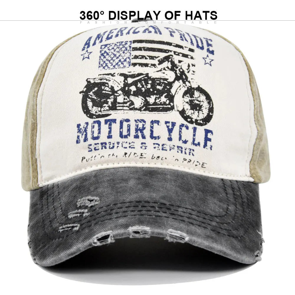 Vintage Washed Baseball Cap American Flag Motorcycle Print Distressed Dad Hat Outdoor Sun Cap Unisex