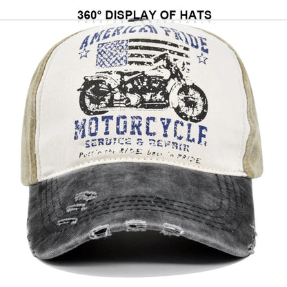 Vintage Washed Baseball Cap American Flag Motorcycle Print Distressed Dad Hat Outdoor Sun Cap Unisex