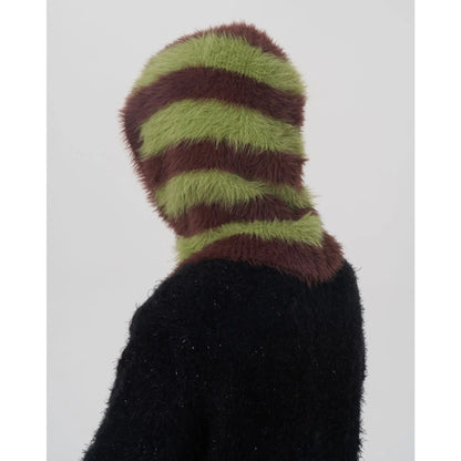 One-Piece Knit Balaclavas Stripes Imitation Mink Velvet Hats Scarf Hat