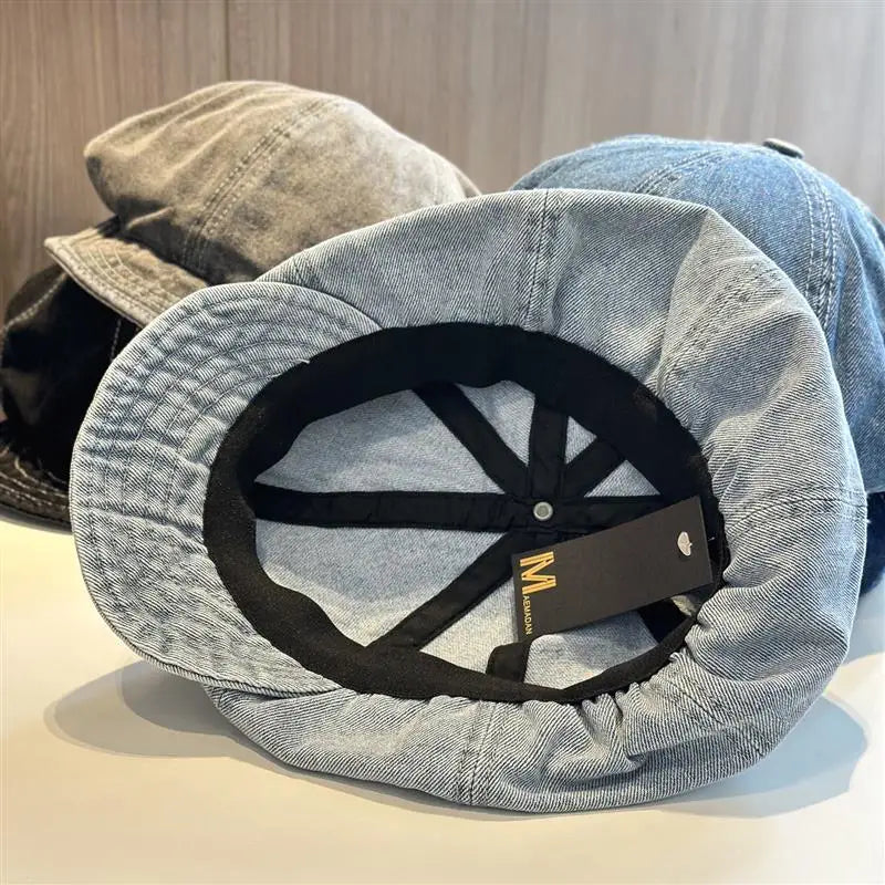 Lady Washed Old Blue Denim Large Beret Spring Autumn