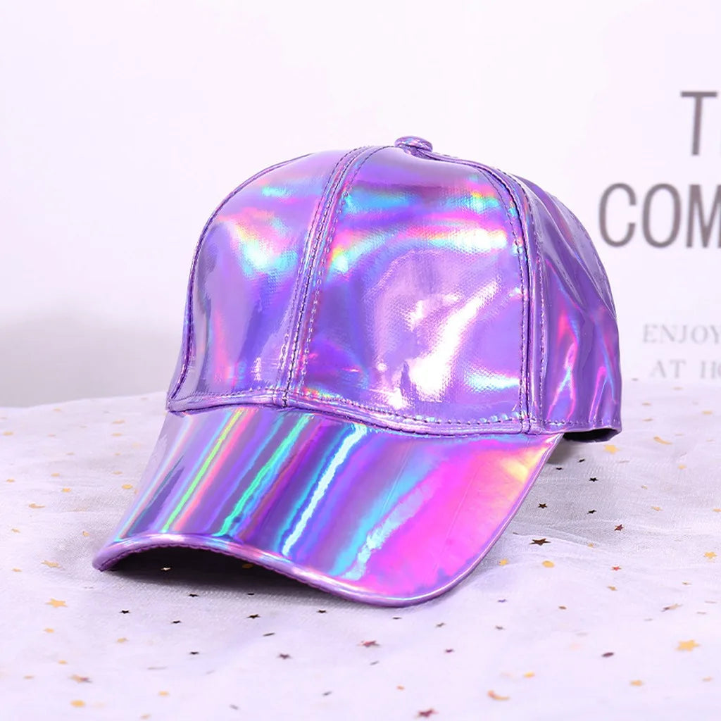 Adjustable Shiny Hat Breathable Holographic Pu Leather Baseball Cap
