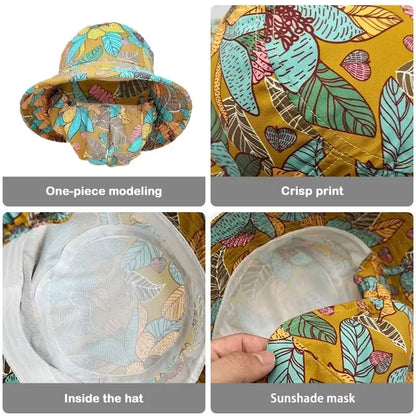 Women Fisherman Hat Floral Print Face Shading Foldable Sunscreen Cap for Summer
