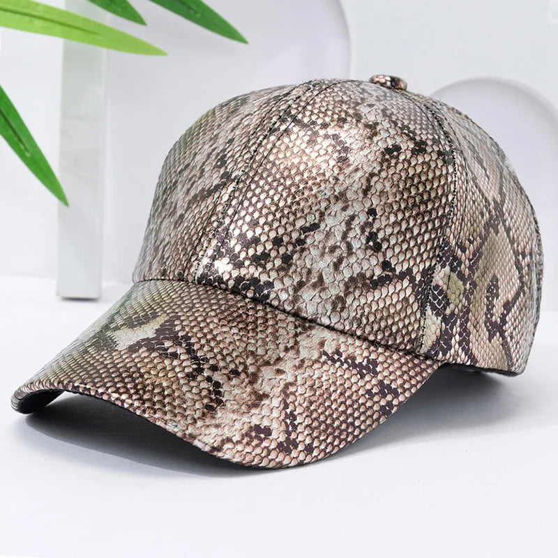 Snake Print PU Leather Baseball Cap, Adjustable Hip-Hop