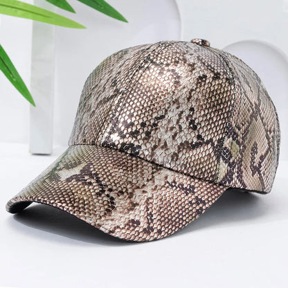 Snake Print PU Leather Baseball Cap, Adjustable Hip-Hop