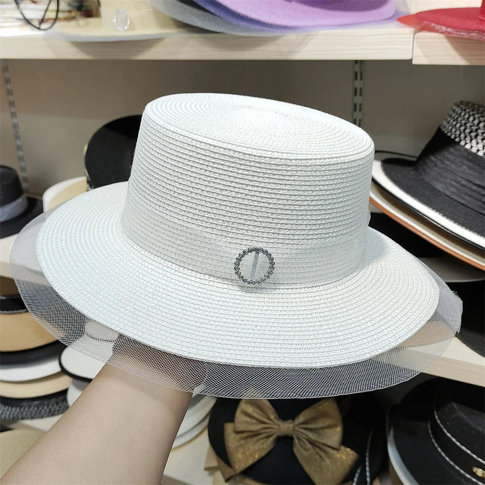 Woolen Rhinestone Solid Color Basin Hat Leisure Outdoor Beach Sun Hat