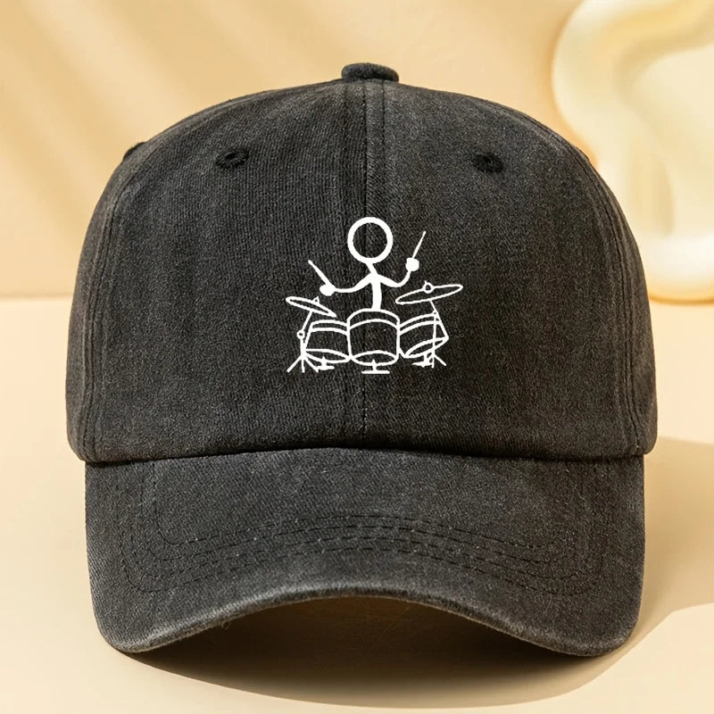 Drum Print Retro Washed Baseball Cap for Both Men and Women