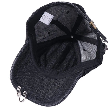 Rabbit Ripped Denim Baseball Cap Puppy Y2K Chains Doberman Ears Hat