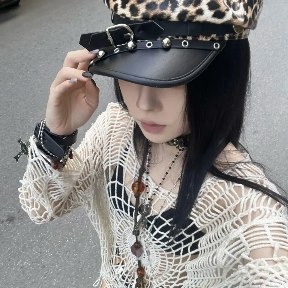 Fashion Sex Rivet Leopard Hat Punk Gothic Y2k Beret Hat