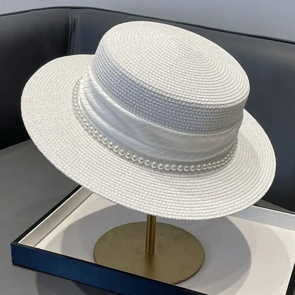 2025 Summer Elegant Pearl Chain Flat Sun Hats