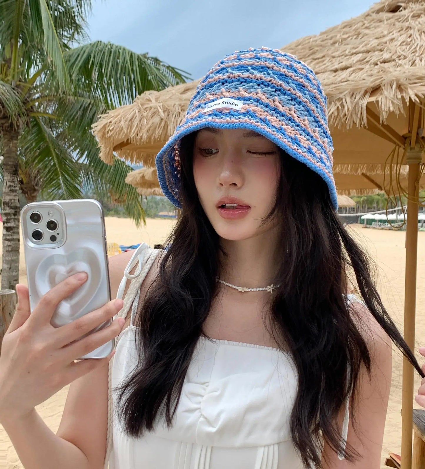 Ladies' Bucket Hat Korean Knitted Striped Verstaile Hollow Out Breathable Caps