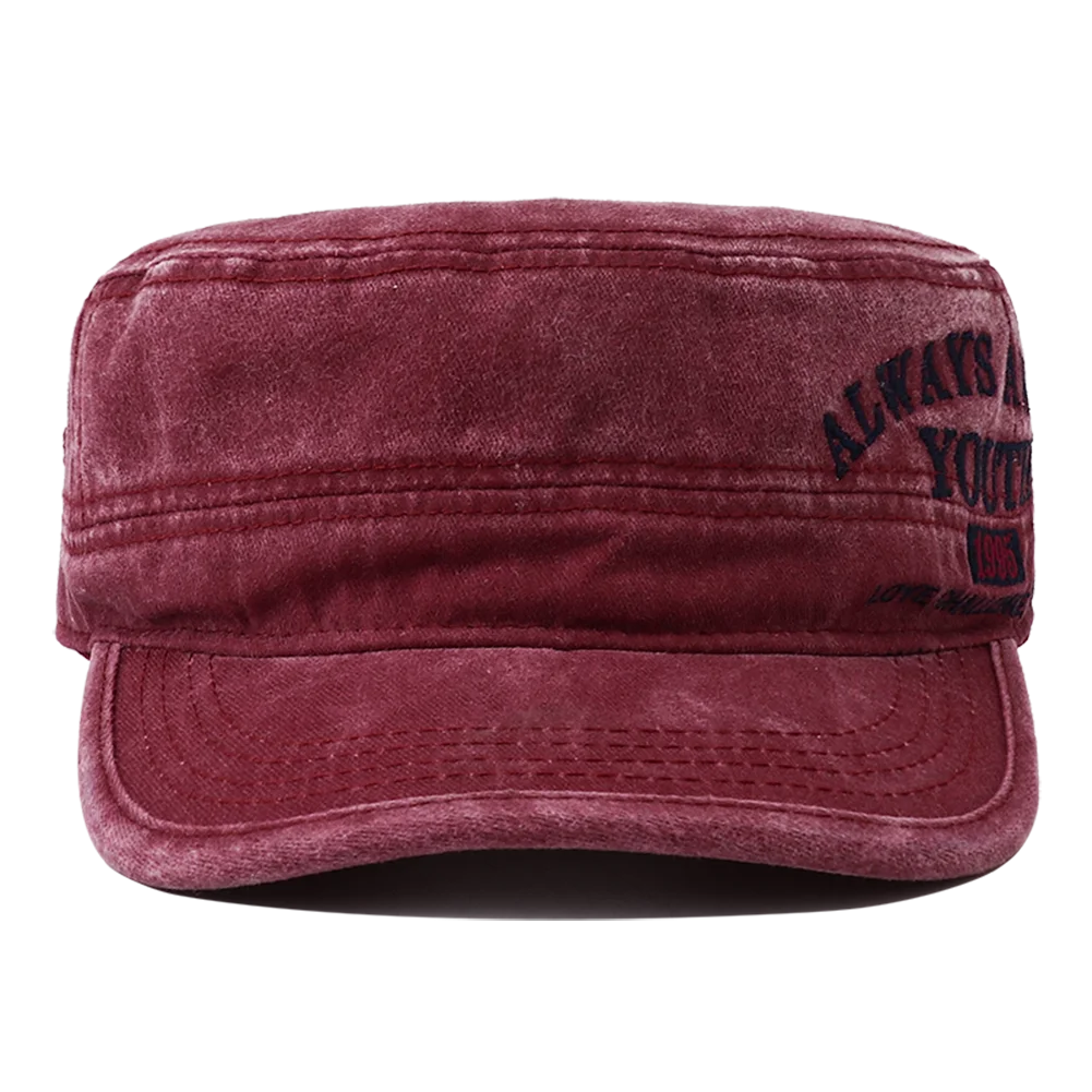 2024 New Letter Embroidery Washed Cotton Flat Top Military Cap