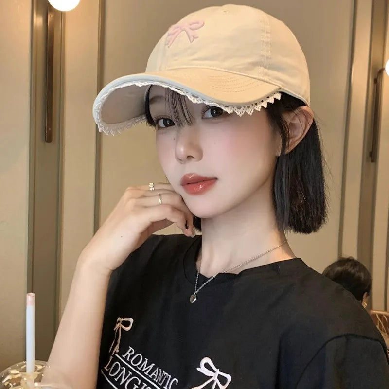 Korean-Style Bow-Tie Knit Baseball Cap Women's