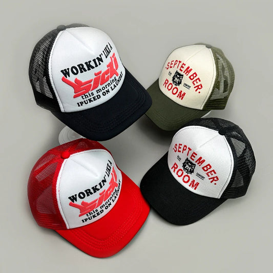 Color Block Letter Locomotive Half Mesh Caps New Men Women Sunshade American Vintage