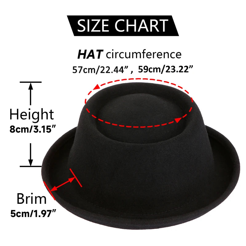 100% Wool Pork Pie Fedora Hat For Women Men