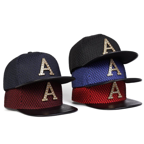 Unisex Metal Strip Drill A Letter Label Mesh Hip Hop Hat
