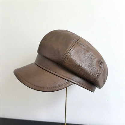 Pu Leather Beret Hat With Metal Logo Korean Retro British Painter