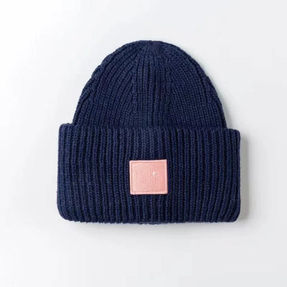 Warm And Cozy Knitted Beanie With Square Labels - Scandinavian Style Wool