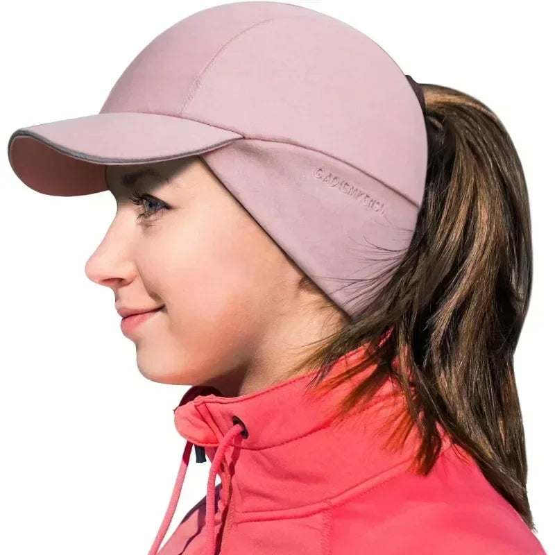Women's Winter Reflective Fleece Ponytail Hat with Drop Down Ear Warmer Hat Baseball Cap