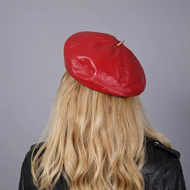 2025 Spring 100% Real Leather Beret Hat Women