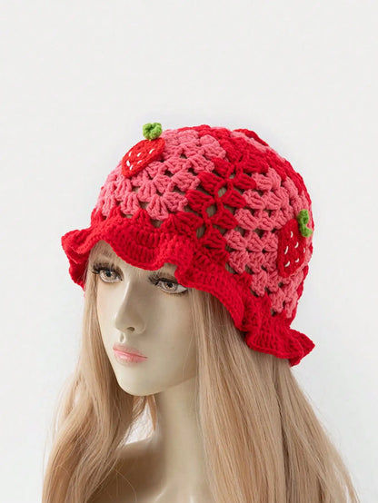 Cartoon Red Strawberry-Shaped Bucket Hat, Bohemian Style Handmade Crochet