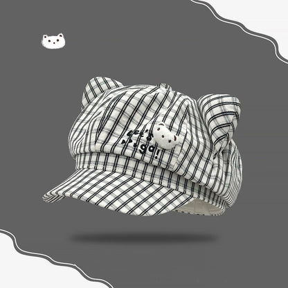Cute Bear Plaid Ear Octagonal Hat Women Spring Summer