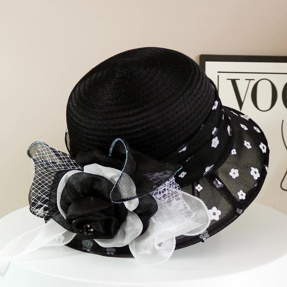 Fashion Hat Women Top Hat Elegant Organza Flower Wide Brim Sun Hat