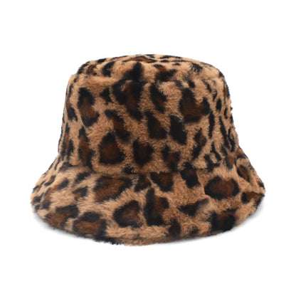 Winter Bucket Hat Women's Fashion Leopard Panama Warm Hats Female Vintage