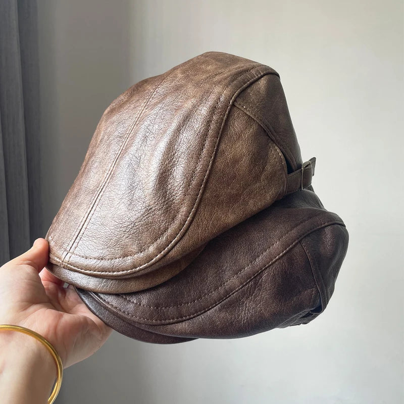 American Retro Leather Plain Baker Boy Hat For Women Autumn Winter Unisex Beret