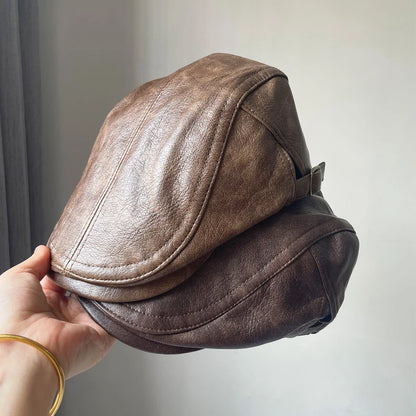 American Retro Leather Plain Baker Boy Hat For Women Autumn Winter Unisex Beret