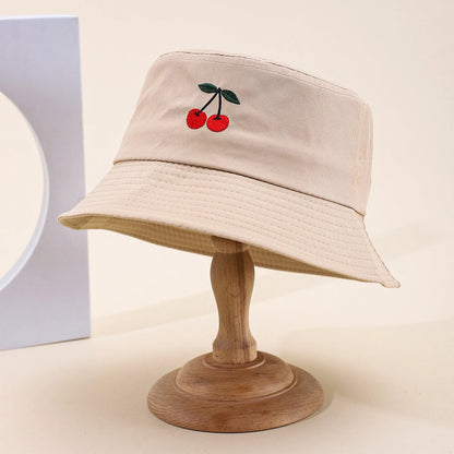 Korean Version Simple Solid Color Embroidered Cherry Wide Brimmed Fisherman Hat For Daily Sun  Hat