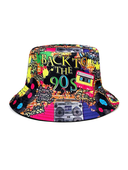 Retro Nostalgic Graffiti 90S Fisherman Hat, Personalized Trendy Printed Unisex Sun Hat