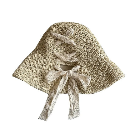 Straw Hat Women's Lace Bow Hollow Crochet Cap