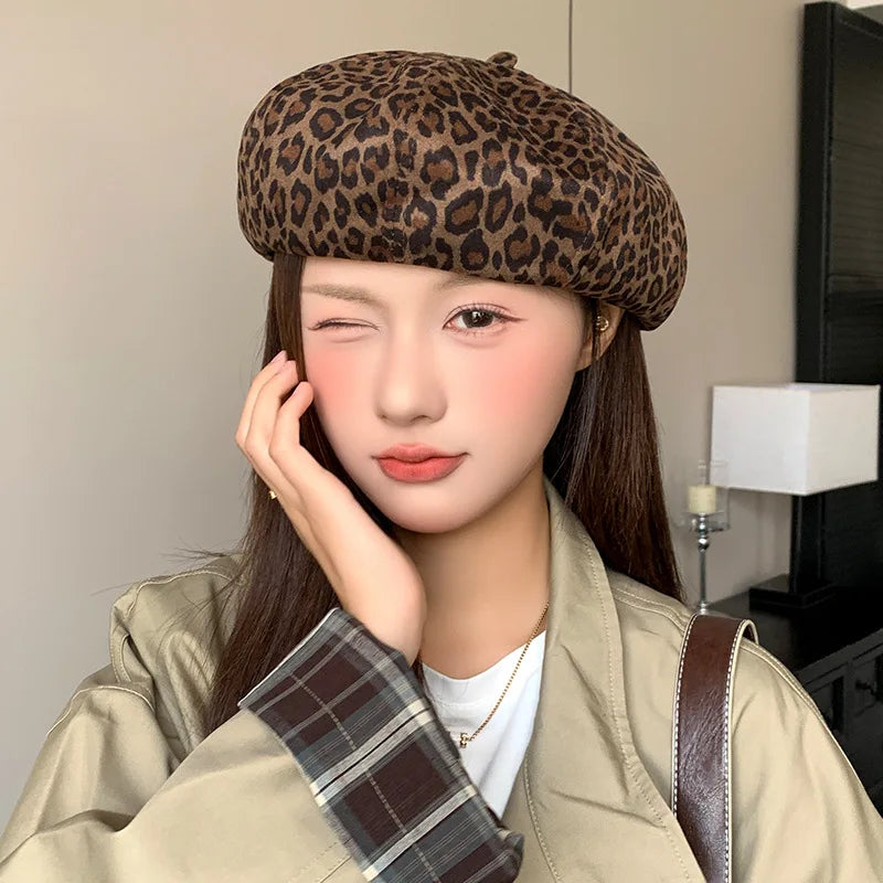 Y2K British Leopard Berets Vintage Octagonal Cap