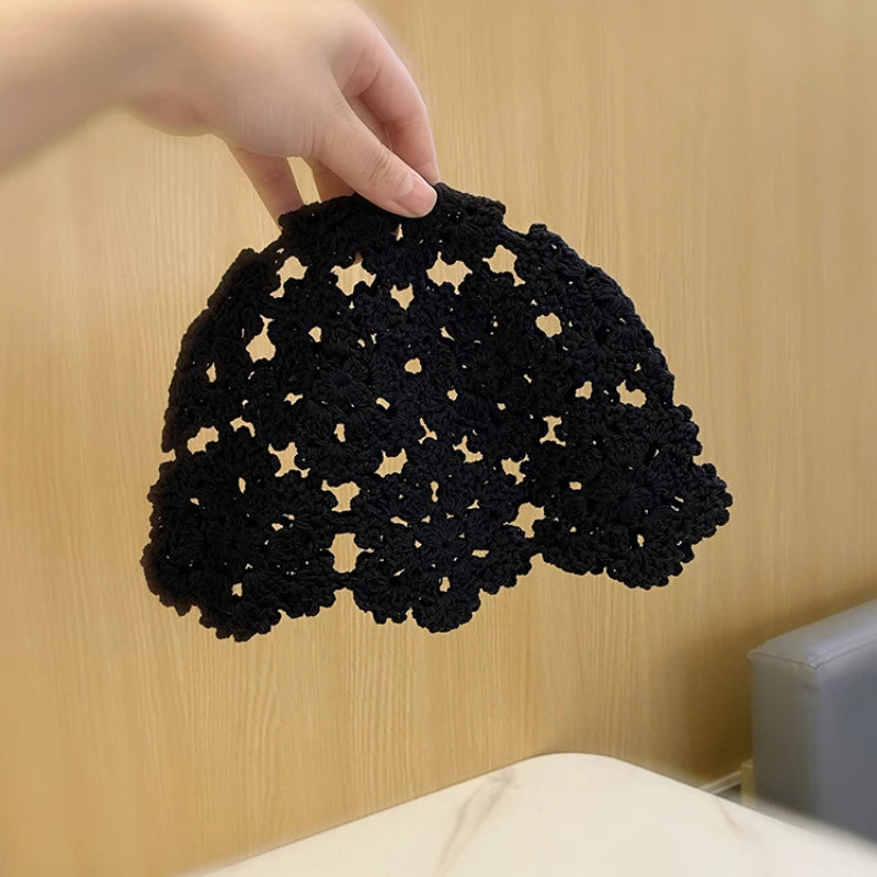 Summer Breathable Hollowed Out Knitted Hat Flowers Lace Beret Cap