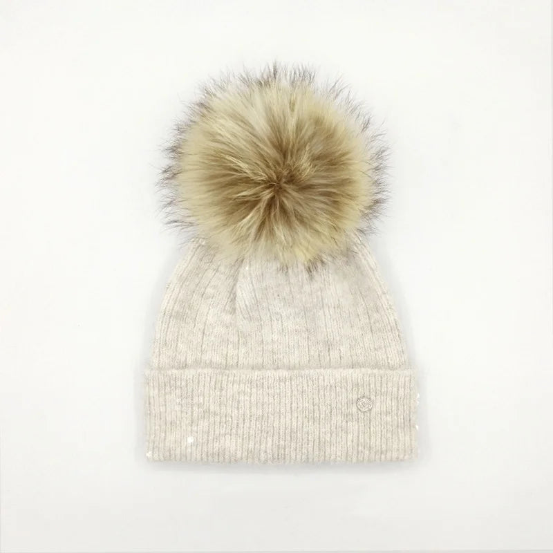 Winter Real Fox Fur Pompom Hats Sequin Skullies Beanie For Women Wool Knitted Hats