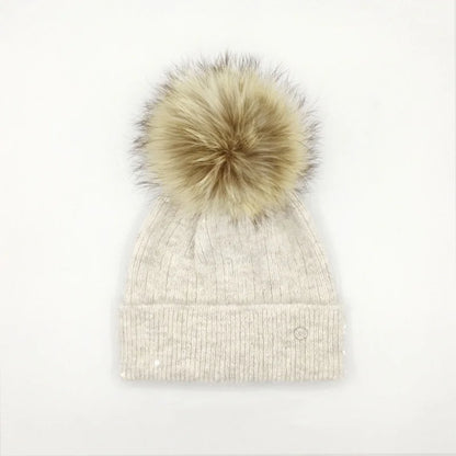 Winter Real Fox Fur Pompom Hats Sequin Skullies Beanie For Women Wool Knitted Hats