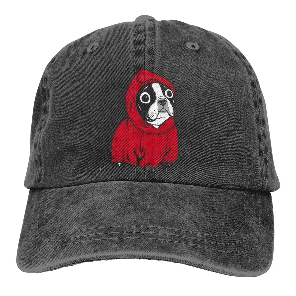 Boston Terrier In A Red Hoodie Baseball Caps