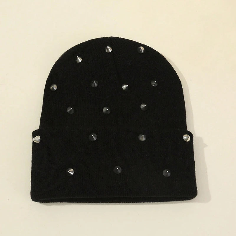 Men Punk Rivet Beanie Hat, Goth Gothic Skull Caps
