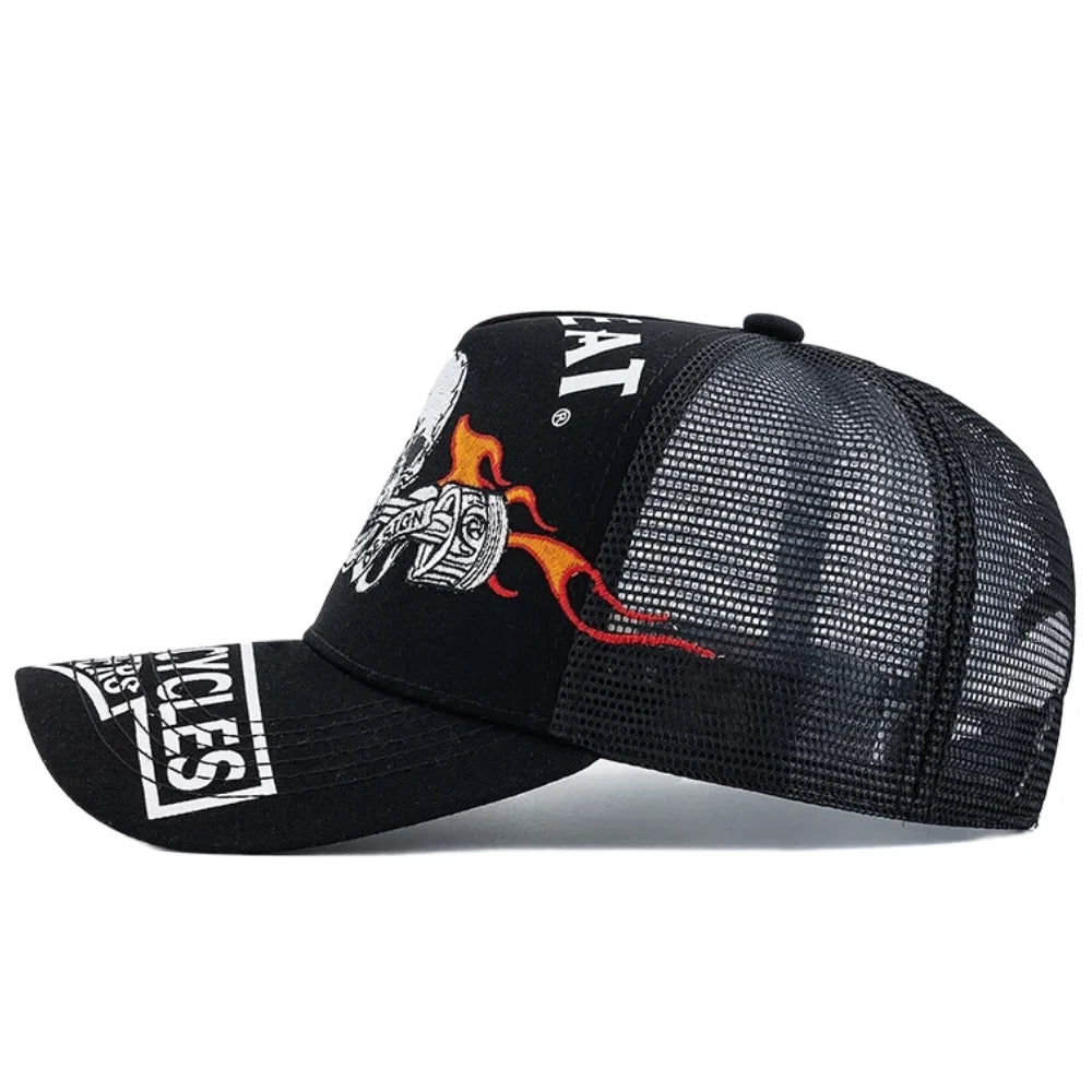 Unisex Punk Style Cap Skull Flame Piston Embroidery Sports Baseball Cap