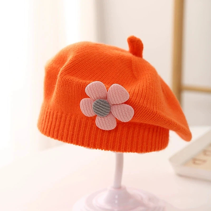 Flower Baby Beret Hat Winter Warm Knitted Beanie Cap